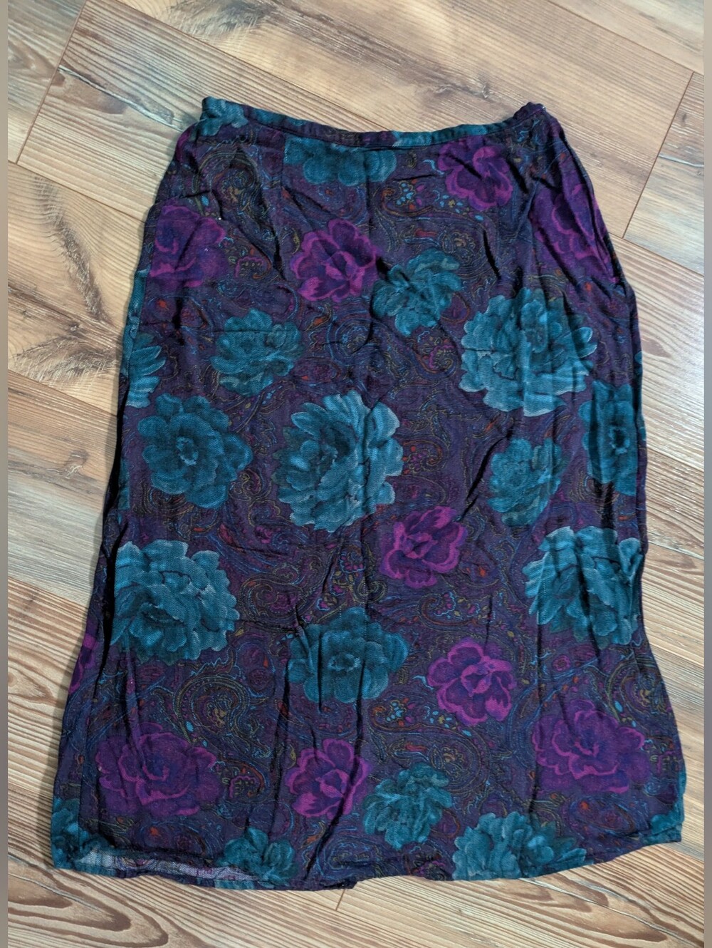 Vintage Studio Works Floral Midi Slit Rayon Skirt Purple Teal Medium